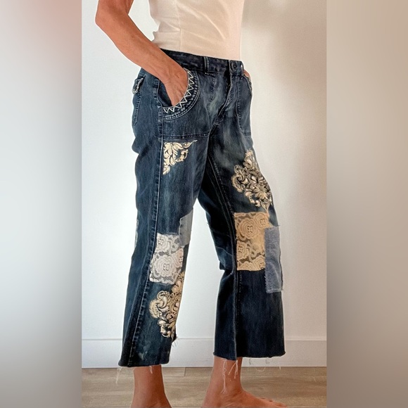 Upcycled Artistic Patchwork Flare Jeans, embroidery, painted, patched - Picture 3 of 6